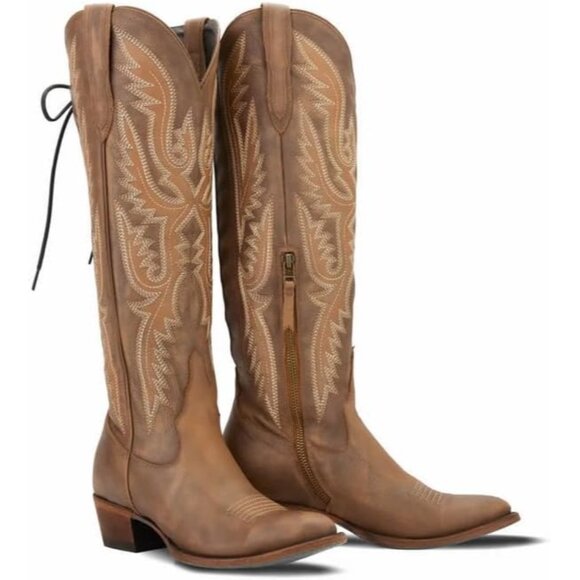 🆕Women Brown Polyurethane Over the Knee Adjustable Thigh High Cowgirl Boot - Picture 2 of 8
